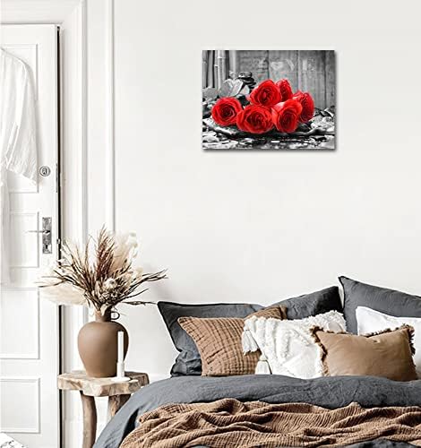 Ymyxmc33 אדום ורד פרח תמונה תפאורה קיר אמנות בד הדפס פוסטר שחור לבן קאנטרי אהבה קישוט קישוט חדר שינה חדר אמבטיה12x15
