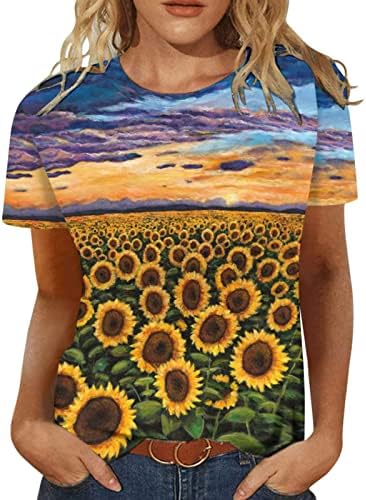 Tifzhadiao קיץ שרוול קצר חולצה מזדמנת לנשים חמניות להדפיס חולצת טריקו טרנדיות צוואר עגול חמוד צווארון רופף טוניקה