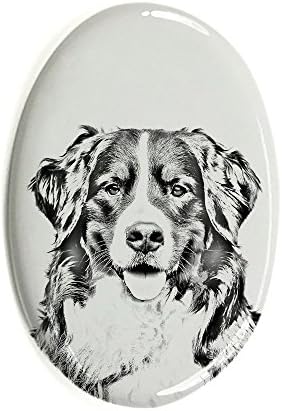 כלב הרים ברנזי, מצבה סגלגלה מאריחי קרמיקה עם תמונה של כלב