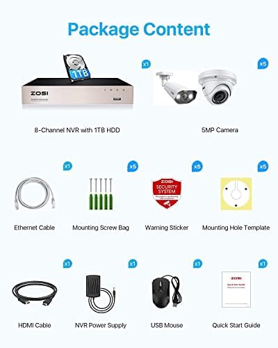 Zosi 8CH 5MP POE מערכת מצלמות אבטחה ביתית חיצונית עם כונן קשיח 1TB, H.265+ 5MP CCTV NVR, 5 יחידות קוויות 5MP מצלמות