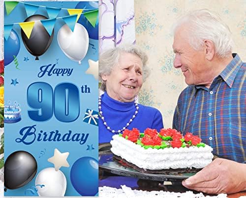 שמח 90 יום הולדת כחול באנר רקע בלוני כוכבים קונפטי לחיים כדי 90 שנים נושא קישוטי דלת מרפסת דקור מתנות לזכר גברים