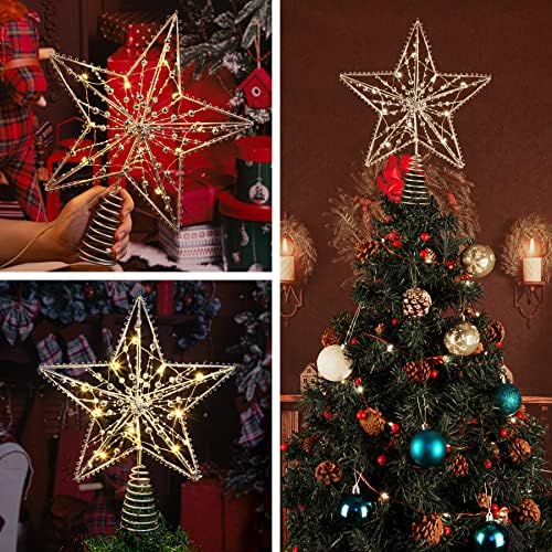 עץ חג המולד קישוטי כוכבי טופר עם 10 נורות LED חמות חרוזים עדינים למסיבות חגיגיות בגודל רגיל קישוטי עץ חג המולד,