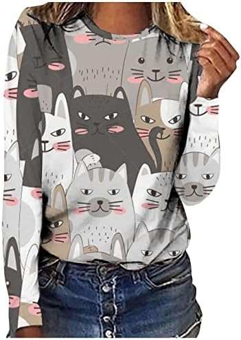 חתול מודפס חולצות לנשים ארוך שרוולים חולצות רך קל משקל סוודר מזדמן רופף מצויד חולצה טיז אביב