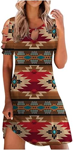 שמלת התאמה והתלקחות לנשים, נשות דפוס וינטג 'מזדמן הדפס צוואר עגול מהכתף שרוול קצר שמלה רופפת